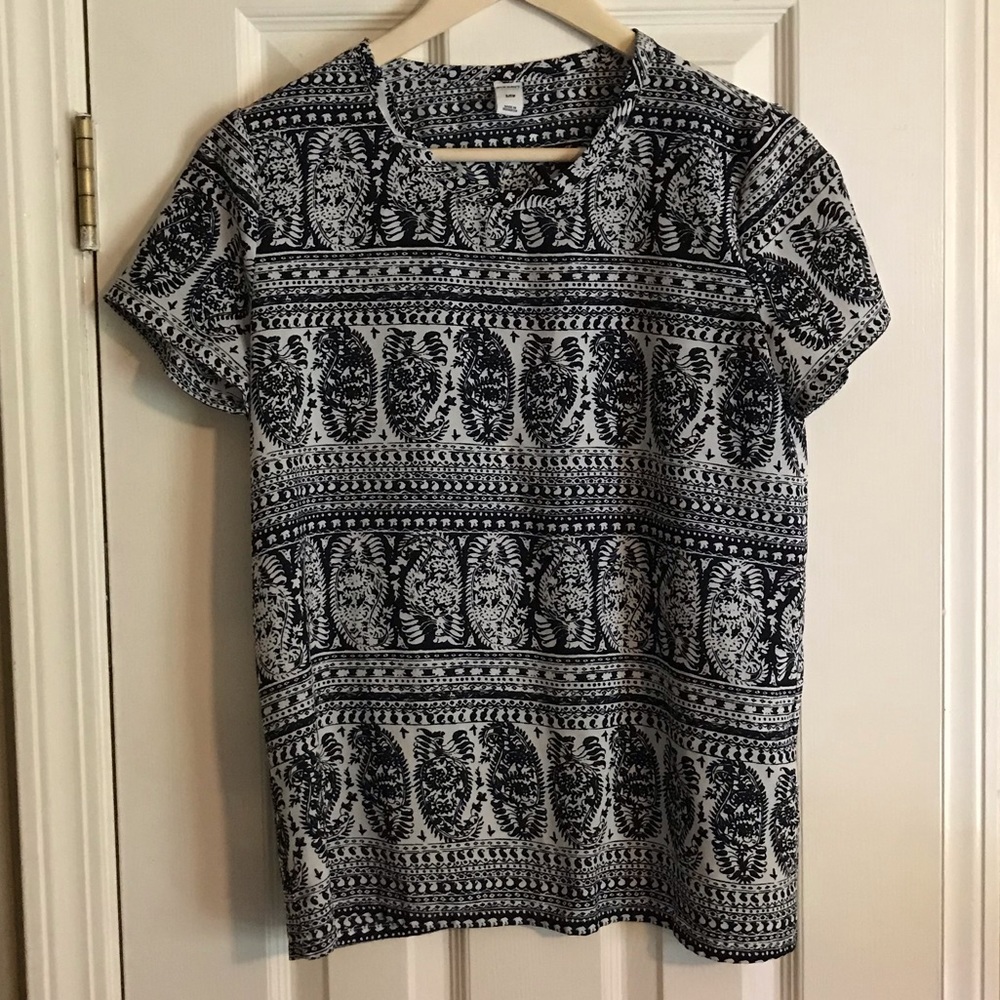 Blue and White Paisley Tile Print Blouse